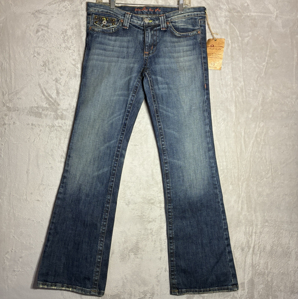 Plastic by Gly Y2K Bootcut Jeans Embellished Pockets Low Rise Size 13 Waist 34